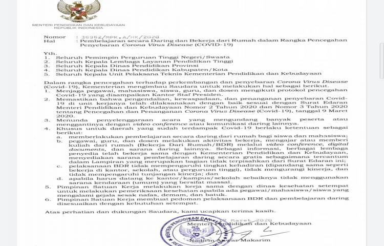 Surat Edaram Menteri Pendidikan dan Kebudayaan prihal Pbepajaran secara daring
