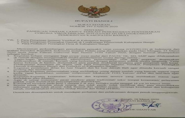 Surat Edaran Bupati Bangli Terkait Penanggulangan Penyebaran Virus Corona  Covid 19